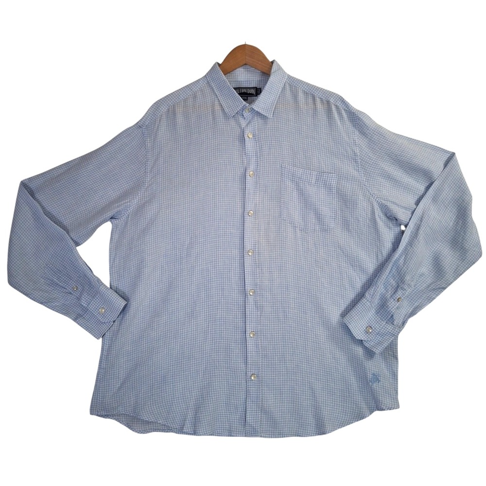 Vilebrequin Linen Shirt Men's XXXL Blue Gingham Button Up White Long Sleeve 3XL